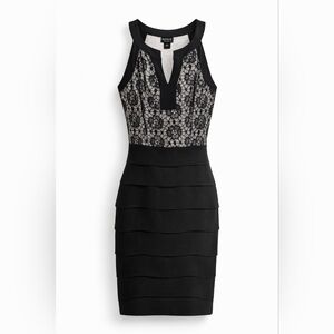 En Focus Studio Black Sleeveless Midi Dress Lace Layover Tiered Front Size 12